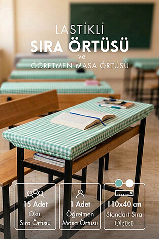 15'li Lastikli Okul Sıra Örtüsü (110x40 cm) + Öğretmen Masa Örtüsü (145x100 cm) - Mint Pötikare - Bimotif