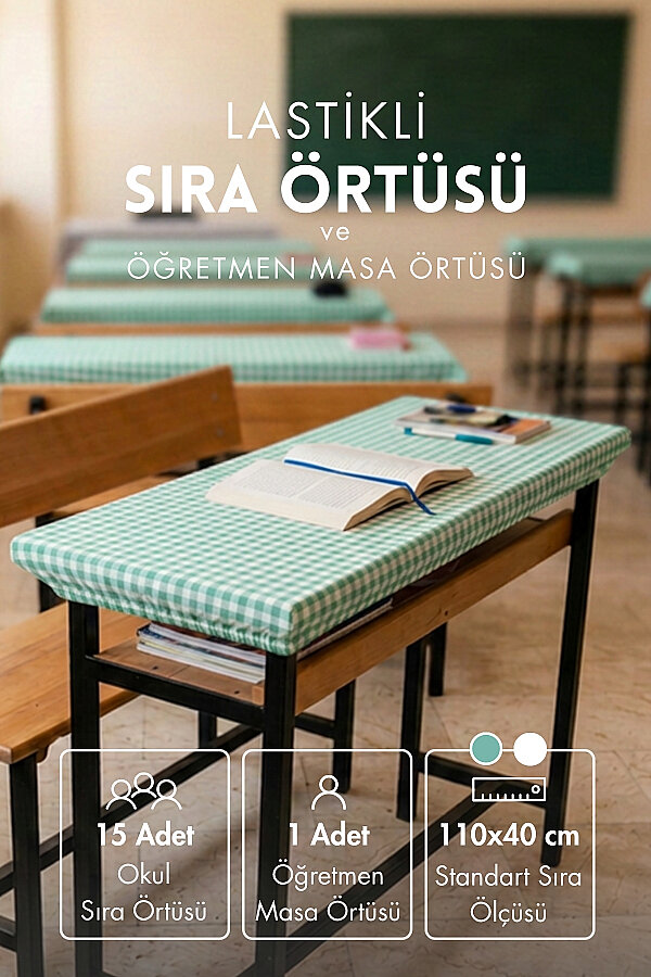15'li Lastikli Okul Sıra Örtüsü (110x40 cm) + Öğretmen Masa Örtüsü (145x100 cm) - Mint Pötikare - 1