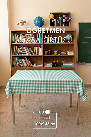 15'li Lastikli Okul Sıra Örtüsü (110x40 cm) + Öğretmen Masa Örtüsü (145x100 cm) - Mint Pötikare - Bimotif (1)