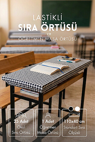 25'li Lastikli Okul Sıra Örtüsü (110x40 cm) + Öğretmen Masa Örtüsü (145x100 cm) - Siyah Pötikare - Bimotif