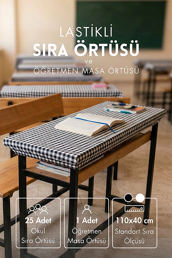 25'li Lastikli Okul Sıra Örtüsü (110x40 cm) + Öğretmen Masa Örtüsü (145x100 cm) - Siyah Pötikare - 1