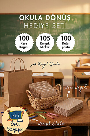 Okula Dönüş Öğrenci Hediye Paketi Seti (100 adet Kağıt Çanta + 100 adet Kese Kağıdı + 105 Sticker) - Bimotif