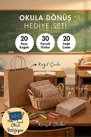Okula Dönüş Öğrenci Hediye Paketi Seti (20 adet Kağıt Çanta + 20 adet Kese Kağıdı + 30 adet Sticker) - Bimotif
