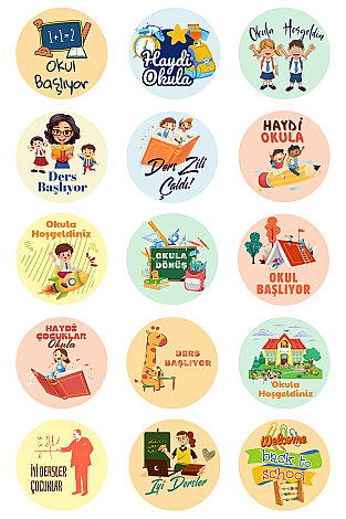 Okula Dönüş Sticker, Ders Başlıyor, Okula Hoşgeldiniz Sticker Seti, 4x4cm, 15 adet (1 Sayfa) - Bimotif