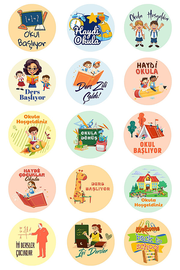 Okula Dönüş Sticker, Ders Başlıyor, Okula Hoşgeldiniz Sticker Seti, 4x4cm, 15 adet (1 Sayfa) - 1