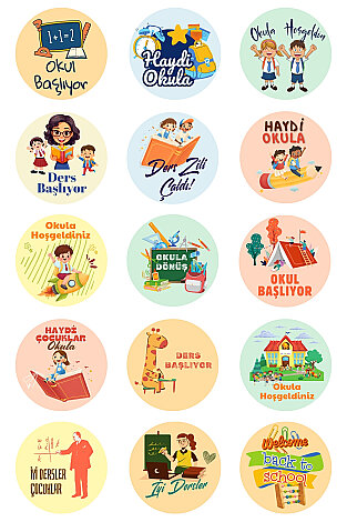 Okula Dönüş Sticker, Ders Başlıyor, Okula Hoşgeldiniz Sticker Seti, 4x4cm, 300 adet (20 Sayfa) - Bimotif