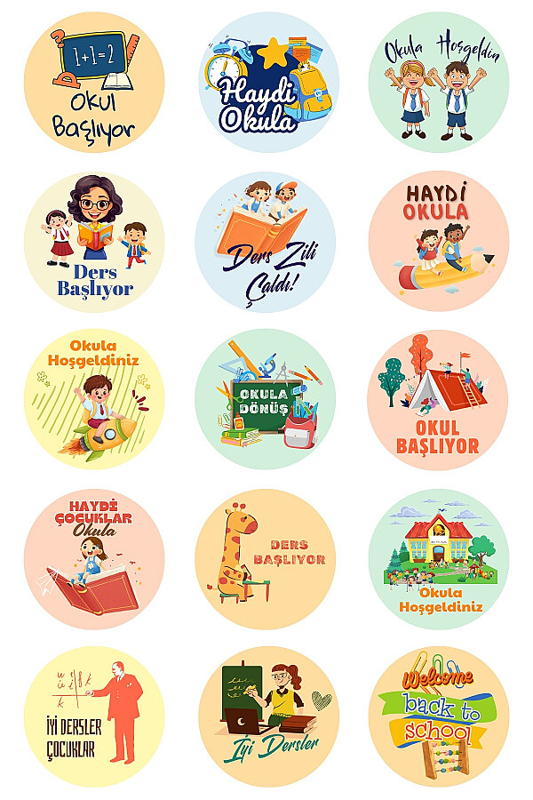 Okula Dönüş Sticker, Ders Başlıyor, Okula Hoşgeldiniz Sticker Seti, 4x4cm, 300 adet (20 Sayfa) - 1