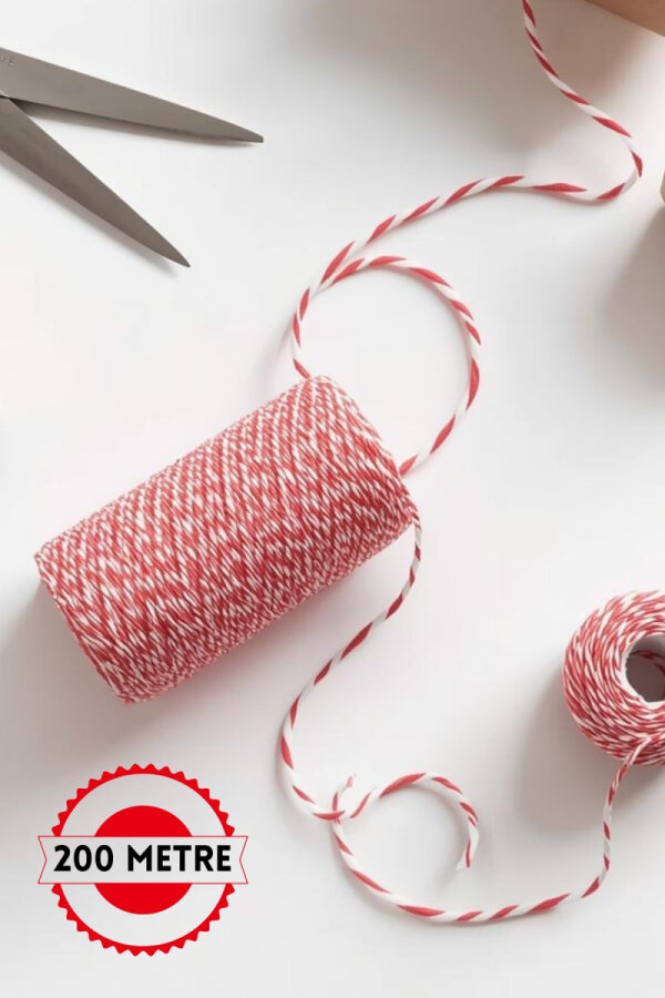Paket ipi, kırmızı-beyaz / 200 metre (Marteniçka ipi, hediye paketleme ipi, ambalaj ipi) - 1
