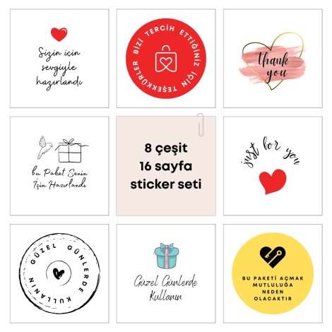 Paketlemeye özel 8 çeşit sticker seti, 560 adet (16 sayfa) - Bimotif