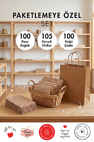 Paketlemeye Özel Ambalaj Seti (100 adet Kağıt Çanta + 100 adet Kese Kağıdı + 105 adet Sticker) - Bimotif