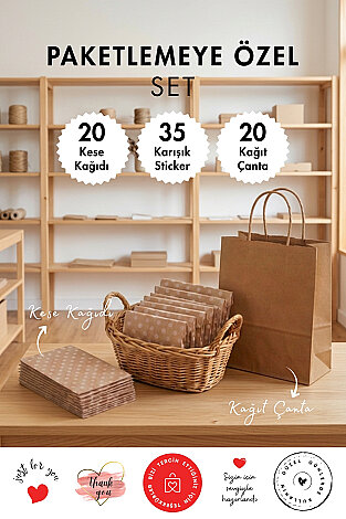 Paketlemeye Özel Ambalaj Seti (20 adet Kağıt Çanta + 20 adet Kese Kağıdı + 35 adet Sticker) - Bimotif