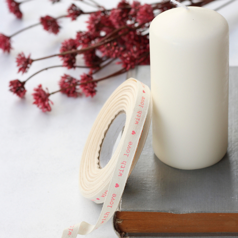 Pamuk şerit, kırmızı with love, 1 cm / 20 metre - Bimotif