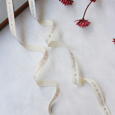 Pamuk şerit, mavi with love, 1 cm / 2 metre - 3