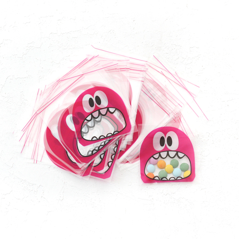 Pembe canavar desenli bantlı şeffaf poşet, 10x15 cm / 100 adet - Bimotif
