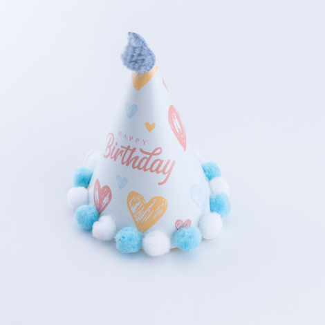 Ponponlu Happy Birthday şapka / Mavi - Bimotif