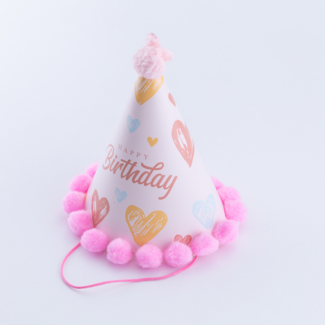 Ponponlu Happy Birthday şapka / Pembe - Bimotif