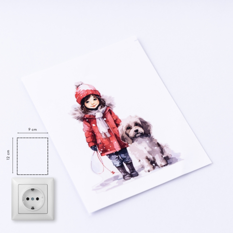 Yılbaşı priz sticker 9x12 cm, Kız Çocuğu ve Köpek / 15 adet - Bimotif (1)