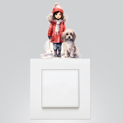 Yılbaşı priz sticker 9x12 cm, Kız Çocuğu ve Köpek / 15 adet - Bimotif