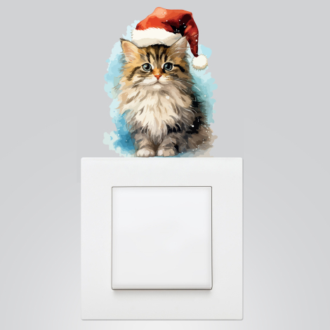 Yılbaşı priz sticker 9x12 cm, Noel Şapkalı Kedi / 5 adet - Bimotif