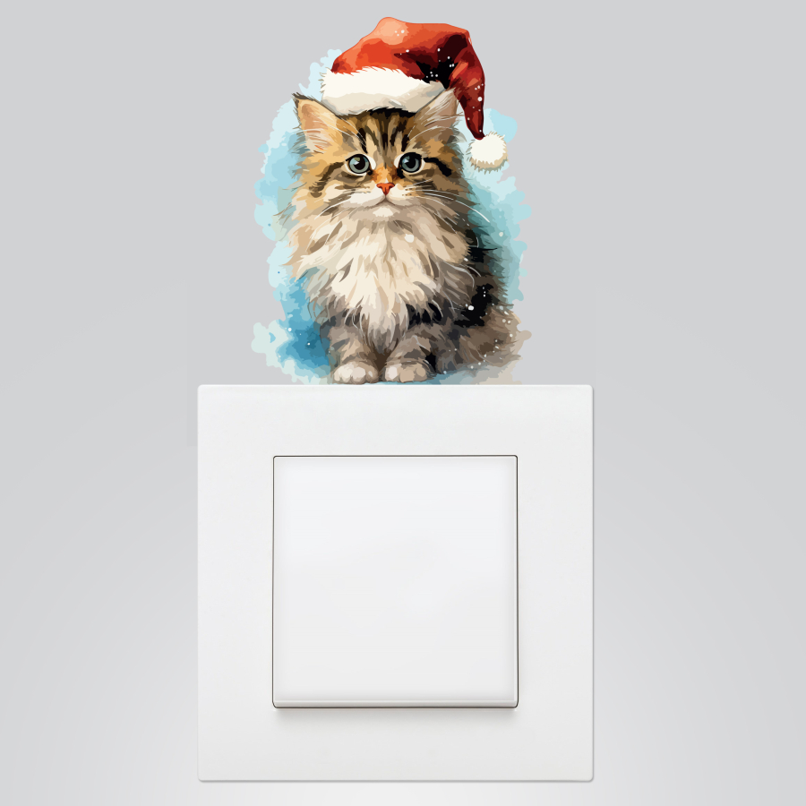 Yılbaşı priz sticker 9x12 cm, Noel Şapkalı Kedi / 5 adet - 1