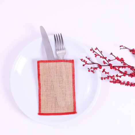 Overlock edged, jute fabric 2 pieces cutlery service, red, 10x15 cm - Bimotif