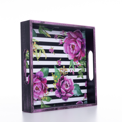 Decorative ornamental tray, 20x4x20 cm, Pink Flower and Line - Bimotif
