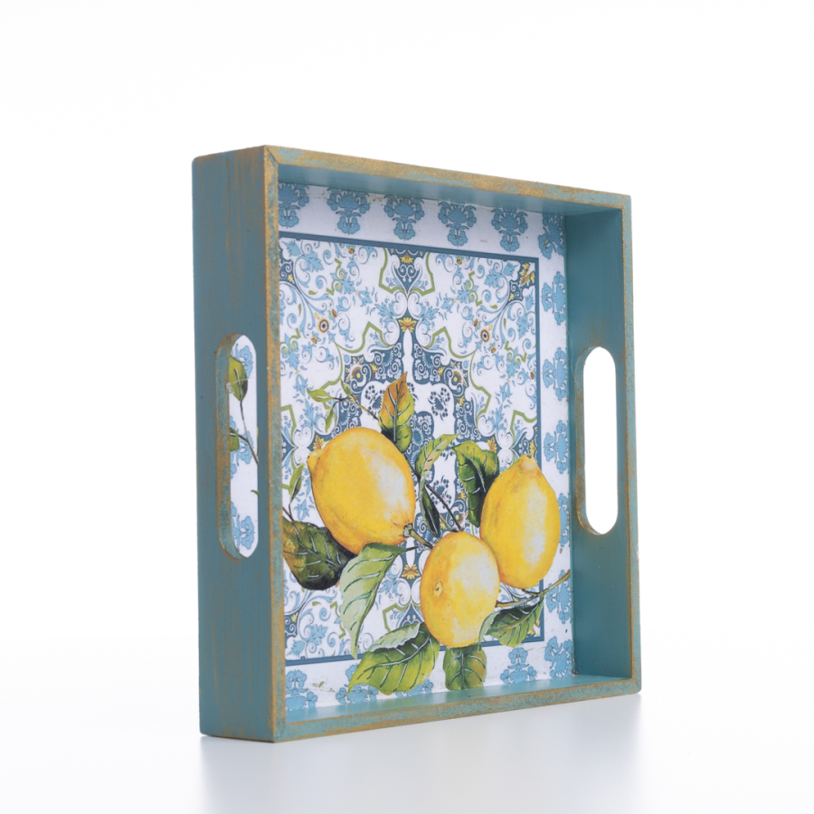 Decorative ornamental tray, 20x4x20 cm, Blue Motif and Lemon - 1