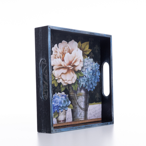 Decorative ornamental tray, 20x4x20 cm, Flowers and Metal Bucket - Bimotif