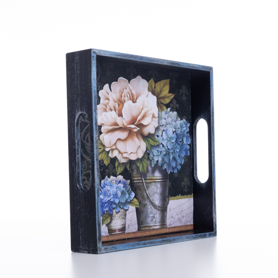 Decorative ornamental tray, 20x4x20 cm, Flowers and Metal Bucket - 1