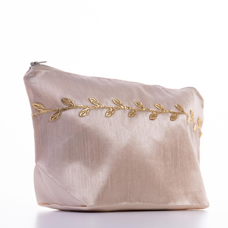 Ottoman silk makeup bag with leaf decoration, coffee with milk color - 1