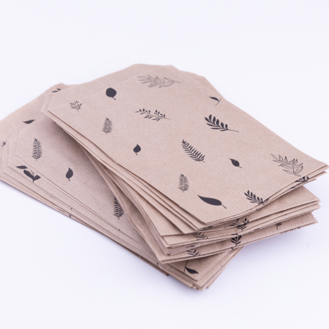Mixed leaf patterned paper bag, black on kraft paper / 11x20 cm - 10 pieces - Bimotif