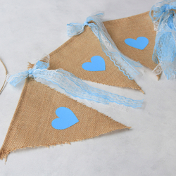 Jute pennant with blue heart printed lace / 10 pcs - 2