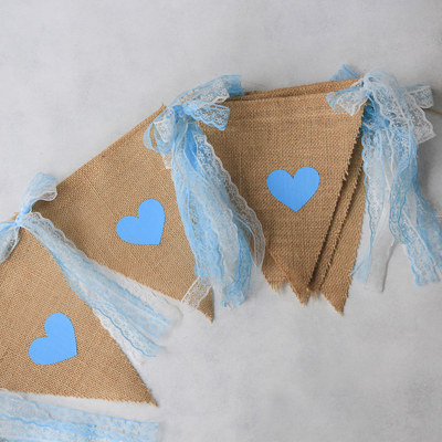 Jute pennant with blue heart printed lace / 10 pcs - 4