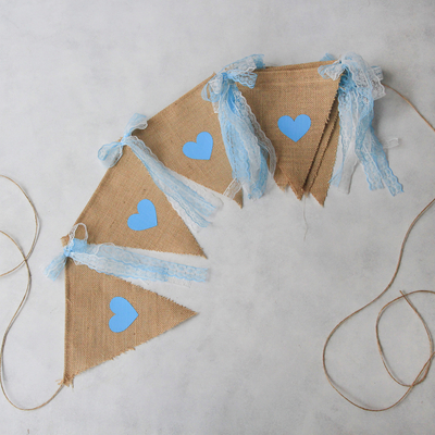 Jute pennant with blue heart printed lace / 10 pcs - 1