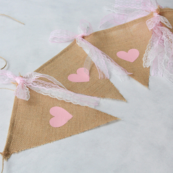 Jute pennant with pink heart printed lace / 10 pcs - Bimotif (1)