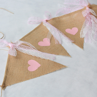 Jute pennant with pink heart printed lace / 10 pcs - 2