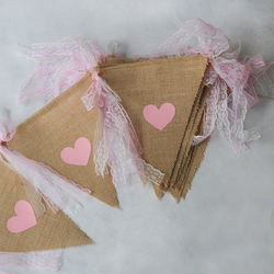 Jute pennant with pink heart printed lace / 10 pcs - 3