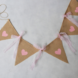 Jute pennant with pink heart printed lace / 10 pcs - 4