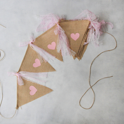 Jute pennant with pink heart printed lace / 10 pcs - Bimotif