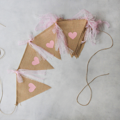 Jute pennant with pink heart printed lace / 10 pcs - 1