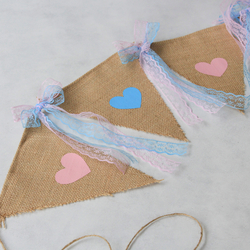 Pink - blue heart printed jute pennant with lace / 10 pcs - 2