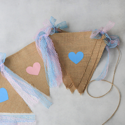 Pink - blue heart printed jute pennant with lace / 10 pcs - 3