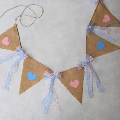 Pink - blue heart printed jute pennant with lace / 10 pcs - 4