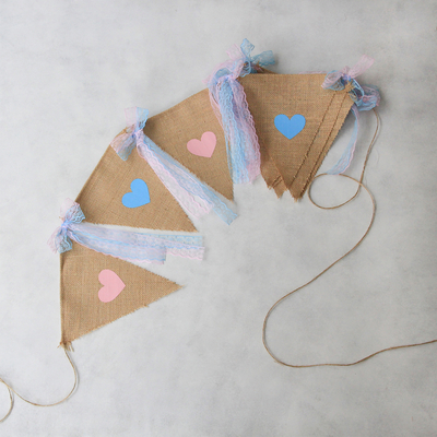Pink - blue heart printed jute pennant with lace / 10 pcs - 1