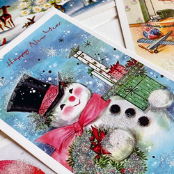 Glitter postcard, Christmas, snowman / Set (6 pcs) - 3