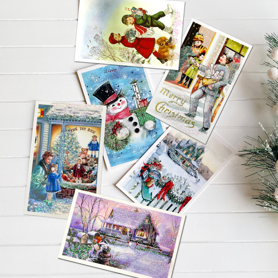 Glitter postcard, Christmas, snowman / Set (6 pcs) - 1