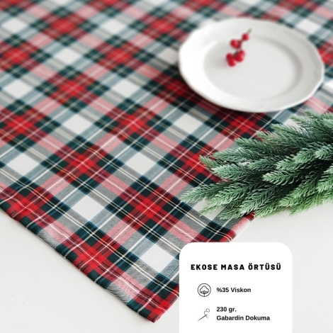 Christmas plaid red green white woven tablecloth / 140x140 cm - Bimotif
