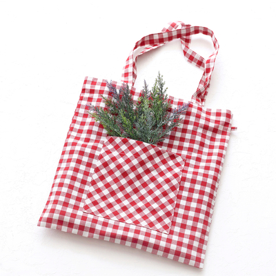 Red checked woven tote bag - 4