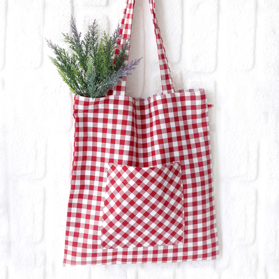 Red checked woven tote bag - 1