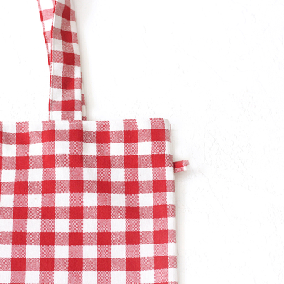Red checked woven tote bag - 2